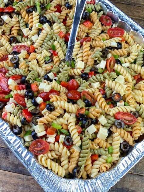 Try Color Pasta Salad, Box Pasta Salad Add Ins, Classic Italian Pasta Salad Recipes, Outside Birthday Party Food Ideas, Pasta Salad Recipes Tri Color, Pasta Salad With Rotini Noodles, Tri Color Pasta Salad Recipes Cold, Tri Color Rotini Pasta Salad, Tri Color Noodle Pasta Salad