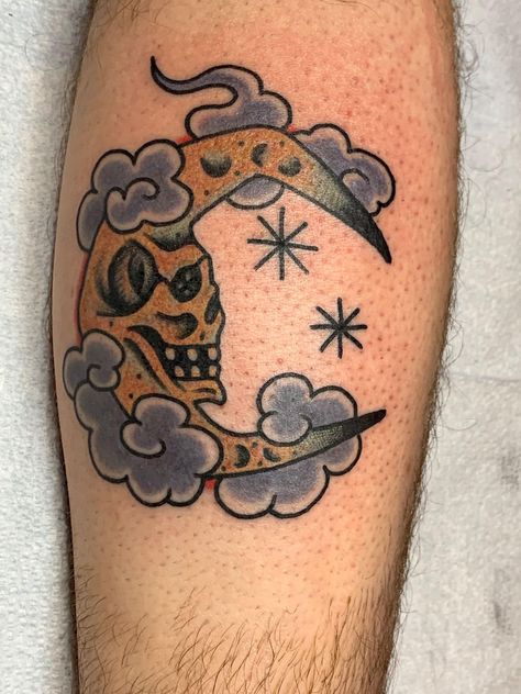 Skull/Moon tattoo done by Travis Bedwell at Bubba's Family Tattoo Parlor San Marcos TX #tattoos #tattoo #beauty Sun Moon American Traditional, Skull Moon Tattoo Traditional, Moon Tattoo Trad, Superstition Tattoo, American Traditional Moon Tattoo, Trad Skull Tattoo, Skull Moon Tattoo, Moon Flash Tattoo, Moon Tattoo Traditional