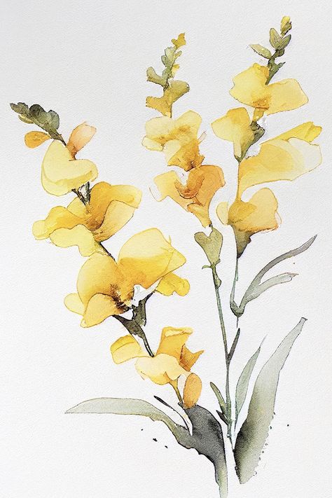 Leaves And Flowers Painting, Yellow Flower Watercolor Painting, Yellow And Green Painting Ideas, Yellow Floral Painting, Watercolor Art Yellow, Painted Yellow Flowers, Watercolor Snapdragon Flower, Yellow Watercolor Painting, Green And Yellow Painting