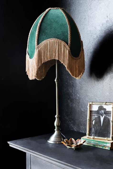 Take inspiration from the vintage designs of the past with the Winifred Green Velvet Fringe Table Lamp, perfect for boho bedrooms and living spaces. Fringe Lamps, Unique Lights, Velvet Lampshade, Velvet Bedroom, Interior Tips, Green Table Lamp, Velvet Fringe, Disco Club, Rockett St George