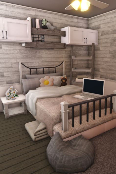 Cozy Bloxburg Bedroom idea | Custom bedhead Bloxburg House Ideas Interior, Interior Bloxburg, House Ideas Interior, Vika Papper, Blocksburg Room Ideas￼, Small House Layout, House Decorating Ideas Apartments, Simple Bedroom Design, Tiny House Layout