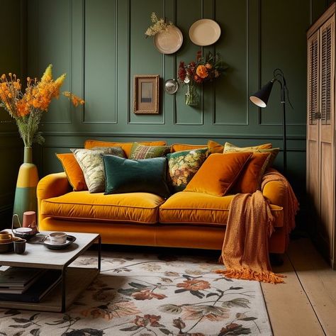 Green Room Orange Sofa, Orange And Emerald Green Living Room, Green Yellow Orange Interior Design, Green Living Room Orange Sofa, Living Room Ideas Orange Sofa, Living Room Contrast Colors, Rust Couch Green Walls, Orange Sofa Decor Ideas Living Room, Burnt Orange Velvet Sofa