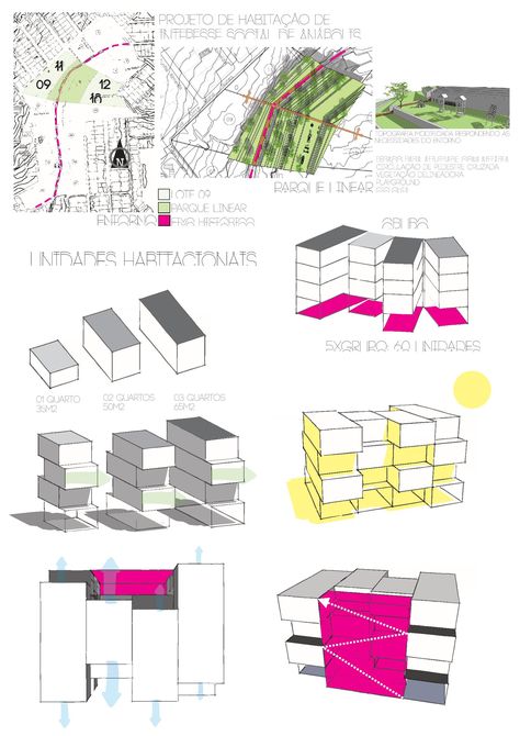 Diagramas- Habitação social Social Housing Architecture Concept, Social Housing Architecture, Architecture Drawing Presentation, Campus Design, Conceptual Architecture, Hotel Plan, Architecture Concept Diagram, Mix Use Building, Architecture Board