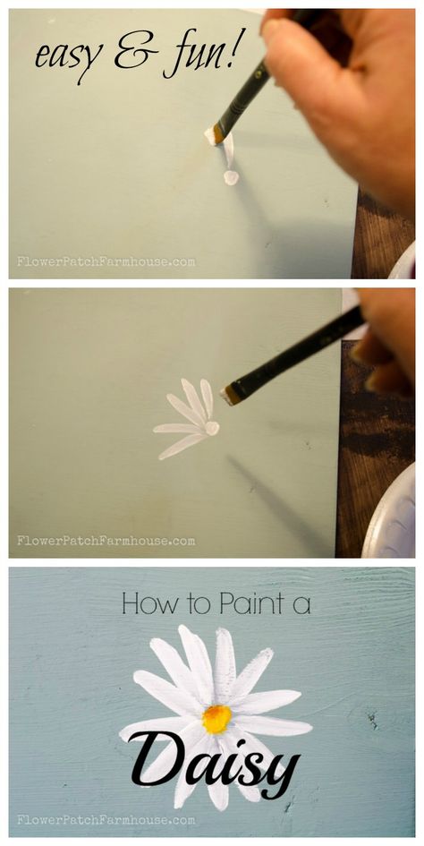 How to Paint a Simple Daisy, one stroke at a time, with video!, FlowerPatchFarmhouse.com Paint A Daisy, Daisy Drawing, Glass Stairs, Daisy Painting, Cat Air, Paint Projects, Canvas Painting Diy, Color Painting, House Paint