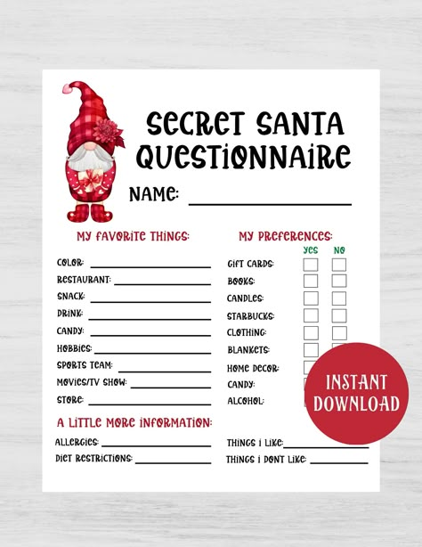 "This Secret Santa Questionnaire is great for your gift exchange!  Great for work parties, school, family, any group that may be having a Christmas or holiday Secret Santa gift exchange.  Print out today for your friends or coworkers.  This is an INSTANT DOWNLOAD, non-editable, form.   THE DETAILS: * Size: 8x10\" * Provided in PDF and JPG format * This is a digital file, no physical item will be shipped to you AFTER YOU PLACE YOUR ORDER: You'll be able to download your printable sign through ETSY when your payment clears (usually less than 5 minutes).  Download and print at home or at your local printer." Secret Santa Rules, Printable Secret Santa Questionnaire, Secret Santa Questions, Secret Santa Form, Bulletin Board Tree, Secret Santa Questionnaire, Santa Wish List, Secret Santa Gift Exchange, Christmas Secret Santa