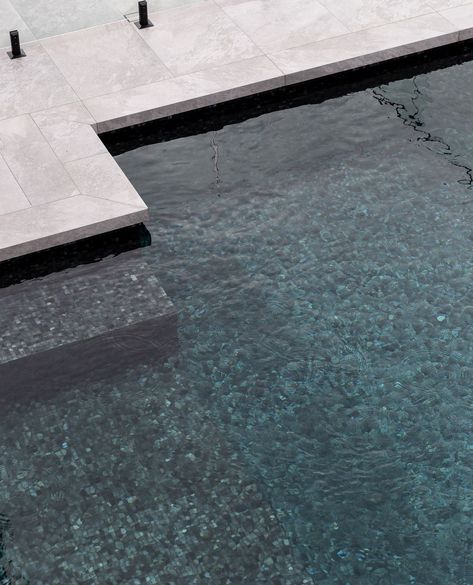 Pool Tile Designs, Dark Blue Tile, Pool Makeover, Colour Magic, Pool Plaster, Inside Pool, Sky Pool, Glass Pool Tile, Outdoor Ponds