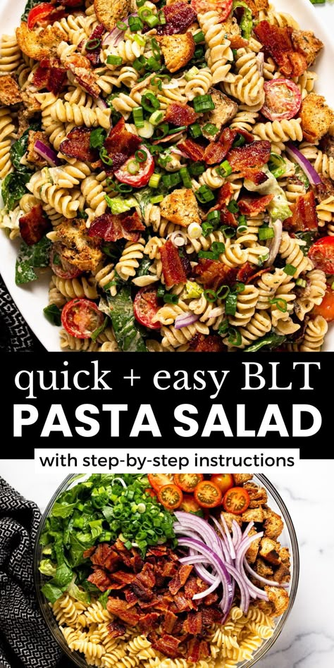 This BLT pasta salad is an easy lunch all summer long and a new favorite for backyard barbeques! It comes together in a snap (yes, even with the bacon - I have a secret to share with you!), and manages to combine the familiar comfort of a BLT sandwich with a tangy balsamic dressing - that doesn't have any mayonnaise or ranch - and perfectly al dente pasta!! Side Salad With Pasta, Delish Salad Recipes, Healthy Blt Pasta Salad, Easy Summer Pasta Salad Recipes, Easy Salad For Bbq, Meals For Summer Dinners, Quick And Easy Summer Lunch Ideas, Fresh Summer Salad Recipes, Healthy Summer Pasta Salad