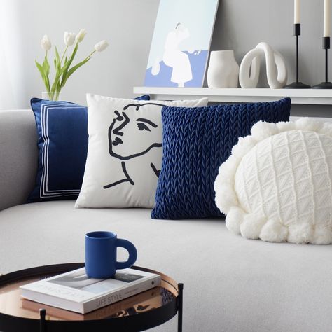 These cushions are so beautiful, the detailed patterns and neat stitches are my fav! Blue and white love. #cushion #blue #interiordesign #interiordecor #interiordesignideas #homedesign #housegoals #homegoals #interior #decor #decoration #design #livingroominspiration #livingroominspo #livingroomdesign #livingroomgoals #livingroomdecor #livingroomideas #livingroominterior #livingrooms #livingroomdecoration #livingroomstyle #livingroomdetails #livingroomstyling #livingroomview Daisy Pillows, Modern Cushions, Pillow Inspiration, Living Room Goals, White Love, Blue Sofa, White Sofas, White Cushions, Blue Cushions