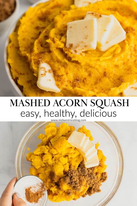 Whip up this healthy holiday side dish in just 35 minutes! Slightly nutty, delightfully buttery, and just a touch sweet, this mashed acorn squash is a delightful side dish recipe that’s flavored with brown sugar, cinnamon, and nutmeg. Whipped Acorn Squash, Acorn Squash Mashed Potatoes, Recipe With Acorn Squash, Sweet Acorn Squash Recipe, Thelma Sanders Squash Recipe, Acorn Squash Thanksgiving Recipes, Baked Stuffed Acorn Squash Recipes, Crock Pot Acorn Squash, Acorn Squash Puree Recipes