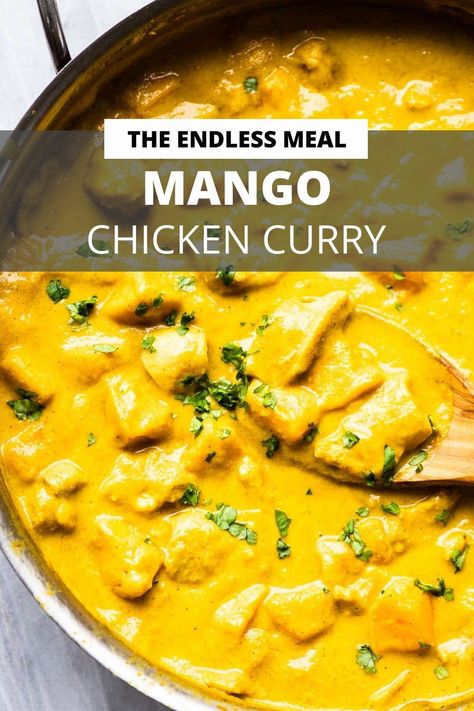 Mango chicken curry is an incredibly delicious Indian curry recipe. The fresh or frozen mangos give the curry the perfect sweetness without adding any sugar. This easy 30-minute dinner recipe is sure to become a family favorite! Chicken Curry Not Spicy, Sweet Chicken Curry, Yellow Curry Chicken Indian, Mango Chicken Curry Indian, Recipes Using Frozen Mango, Easy Curry Recipes Simple, Mild Curry Recipes, Indian Mango Chicken, Mild Chicken Curry Recipe