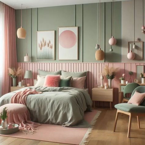 38+ Sage Green and Pink Bedroom Ideas: Dreamy Makeovers Await! - Green Blush Pink Bedroom, Sage Green And Dusty Pink Bedroom, Seafoam Green And Pink Bedroom, Pastel Colored Bedroom, Green And Pink Colour Scheme, Dusty Pink And Sage Green Bedroom, Green Pink And White Bedroom, Blush Pink And Sage Green Bedroom, Fun Bedroom Paint Ideas