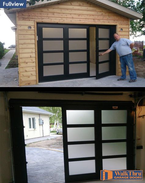 Door Within Garage Door, Garage Door In Dining Room, Glass Garage Door With Passing Door, Shed With Garage Door And Porch, Exterior Garage Conversion Ideas, Change Garage Door, Double Sided Garage Doors, Garage Doors That Open Out, Garage Doors With Windows That Open