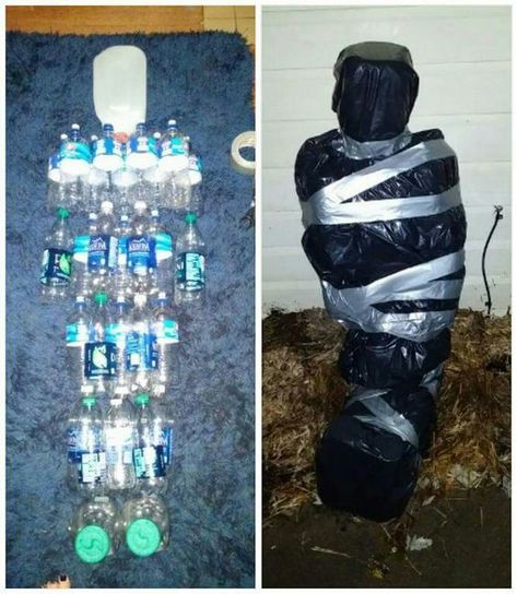 Cadáver de botellas Recicla tus botellas de plástico. sólo pégalas creando la forma de un cuerpo y posteriormente envuelve con una bolsa negra. Este cadáver te durará mucho tiempo. Strašidelný Halloween, Pelottava Halloween, Läskig Halloween, Diy Halloween Dekoration, Uhyggelig Halloween, Kostuum Halloween, Halloween Party Decor Diy, Halloween Fest, Fröhliches Halloween