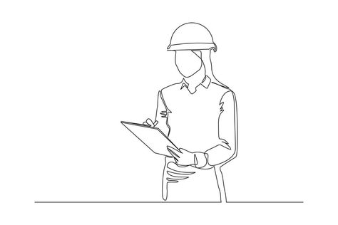 Continuous line drawing of young female architect engineer worker standing while write business note on paper at clipboard wearing safety helmet. One single line business woman workshop concept Vector Engeenering Drawing, Architect Person Drawing, Architect Drawing Easy, Business Woman Drawing Sketch, Engineer Drawing Sketch, Architect Drawing Sketching, Construction Symbols, Job Drawing, Engineer Drawing