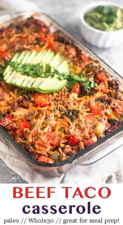 Ground beef, sweet potatoes, peppers and onions, kale, and taco seasoning all baked together in one dish to make a satisfying and comforting paleo and Whole30 beef taco casserole. It's easy to make, healthy, and delicious. Great for meal prep too! - Eat the Gains #whole30 #whole30mealprep #paleo #tacocasserole #glutenfree #dairyfree Potatoes Peppers And Onions, Beef Taco Casserole, Whole30 Beef, Paleo Menu, Simple Paleo, Whole30 Meal Prep, Fantastic Recipes, Paleo Cookbook, Beef Taco