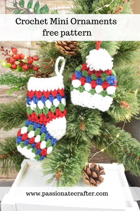 Quick And Easy Crochet Christmas Decorations, Crochet Quick And Easy Projects, Stocking Ornament Crochet Pattern, Mini Grinch Crochet Pattern Free, Mini Crochet Sweater Ornaments, Tiny Crochet Ornaments, Crochet Christmas Bunting Pattern Free, Crochet Mini Christmas Ornaments Free Pattern, Small Crochet Stocking Pattern Free