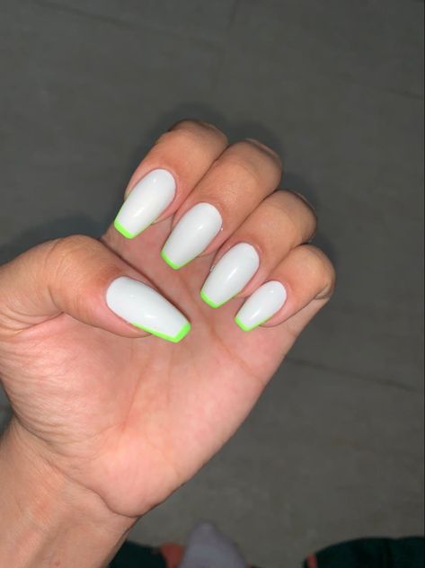 White Nails Neon Design, White And Color Nails, White Nails With Neon Tips, White Nails With Neon Design, Neon Green And White Nails, White Nails With Neon, Neon Green French Nails, White And Neon Nails, Neon Green Top