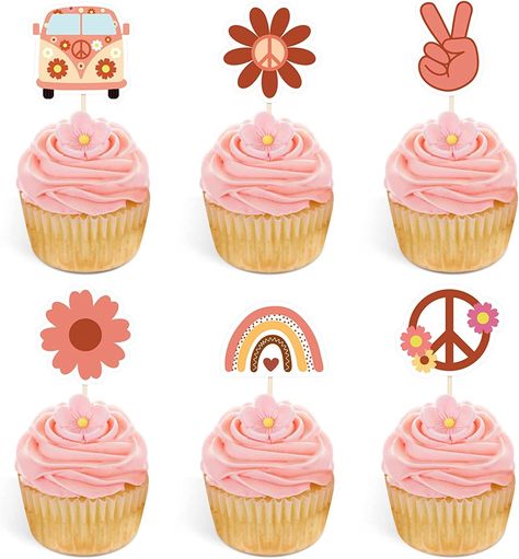 Two Groovy Birthday Party Ideas for Kids - Chicfetti Two Groovy Cupcake Ideas, Two Groovy Cupcakes, Hippie Cupcakes, Groovy Cupcakes, Groovy Party Decorations, Two Groovy Party, Bohemian Party Decorations, Hippie Cake, Bus Cake