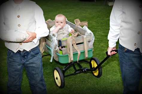 ringbearer, wagon puller, and baby ring bearer all wearing handmade linen pin-striped vests and ties. John Deere wagon decorated with burlap and lace ribbon Baby Ring Bearer, Baby Ring, Burlap And Lace, Striped Vests, Vest And Tie, Lace Ribbon, Ring Bearer, Wagons, John Deere