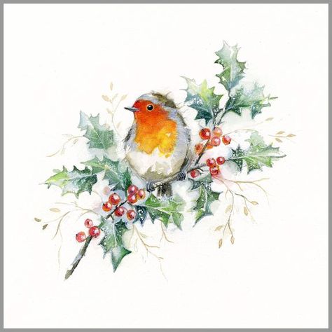 Painted Christmas Cards, Christmas Paintings On Canvas, Christmas Card Art, Watercolor Christmas Cards, Christmas Bird, Christmas Drawing, Christmas Postcard, Watercolor Inspiration, Custom Printed Fabric