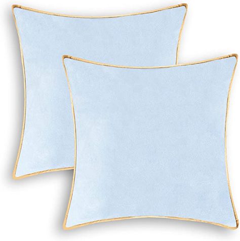 Sofa Farmhouse, Light Blue Bedding, Blue And Gold Bedroom, Light Blue Throw Pillows, Blue Dorm, College Dorm Room Inspiration, Light Blue Pillows, Gold Bedroom, Grey Pillows