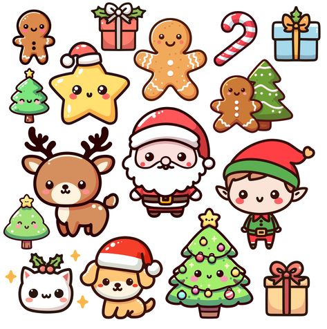 Cute Christmas Designs To Draw, Paper Squishy Christmas, Kawaii Christmas Doodles, Printable Stickers Christmas, Christmas Kawaii Drawing, Kawaii Christmas Ornaments, Cute Christmas Doodles Easy, Christmas Illustration Cute, Little Christmas Drawings