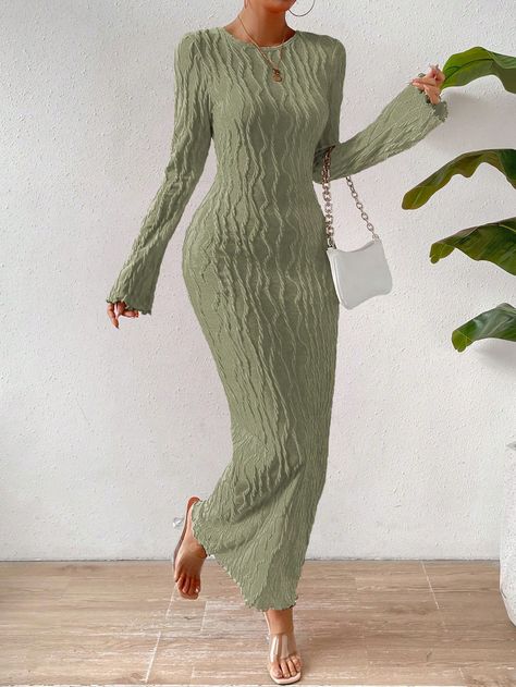 Solid Flare Sleeve Lettuce Hem Bodycon Dress Green Elegant  Long Sleeve Knitted Fabric Plain Bodycon Slight Stretch  Women Clothing, size features are:Bust: ,Length: ,Sleeve Length: Maxi Bodycon Dress, Lettuce Hem, Body Con Dress, Crewneck Dress, Slim Fit Dresses, Bell Sleeve Dress, Long Sleeve Maxi, Women Long Dresses, Party Dresses For Women