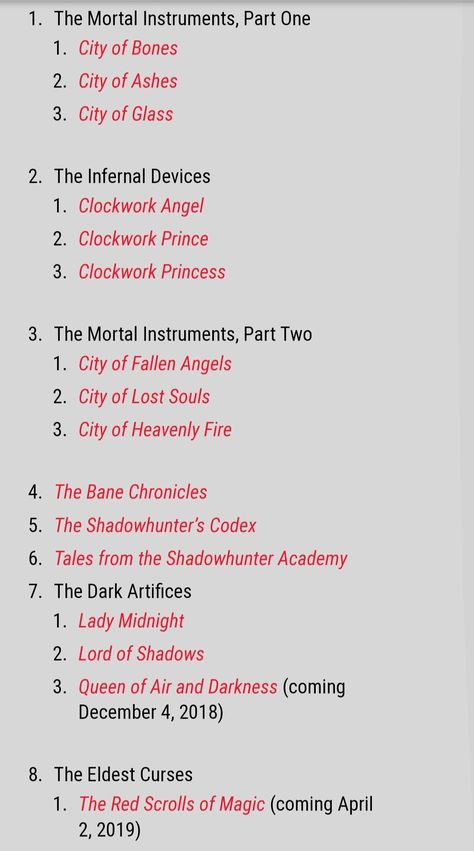 The correct order to read Cassandra Clare's books. How To Read Cassandra Clare Books, Cassandra Clare Reading Order, Cassandra Clare Books Order, Shadowhunters Reading Order, Shadowhunters Books In Order, City Of Bones Book, Shadowhunter Books, Shadowhunters Books, Shadow Hunters Book