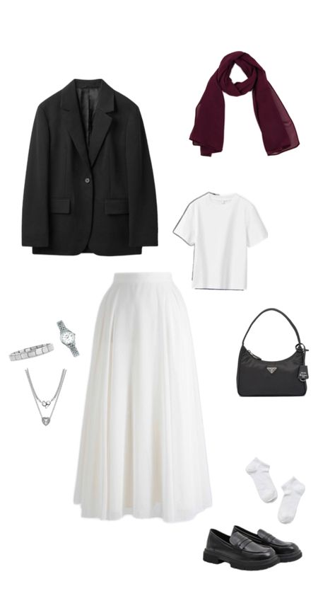 black blazer, white long skirt, white tshirt, black loafer, white socks, black handbag, silver jewelry, black belt, burgundy hijab, hijabi outfit Skirt Outfits Hijab, Black Tshirt Outfit, Hijabi Summer Outfits, White Skirt Outfits, Hijabi Outfit, Burgundy Outfit, White Long Skirt, Blazer White, Black Handbag