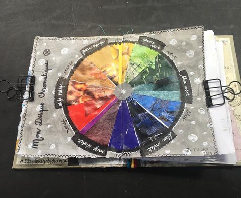 Week 2 of #52weeksartjournal @raspberrybluesky . Prompt : create your own color wheel. #journal #oldbook #junkjournal #raspberrybluesky #prompts #challenge #artjournalingchallenge #mixedmedia #fraliart #colorwheel #disquechromatique #52weeks Colour Wheel Theory, Color Wheel Art, Color Theory Art, Gcse Art Sketchbook, A Level Art Sketchbook, Colour Wheel, Collage Book, Gcse Art, Sketchbook Pages