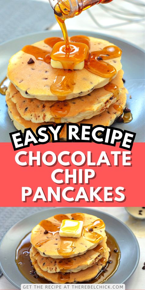 Chocolate Chip Pancakes covered in a pat of butter and syrup Chocolate Chip Pancakes Recipe, Food For Breakfast, Yummy Pancake Recipe, Easy Breakfast Recipe, Breakfast And Brunch, Chocolate Chip Pancakes, Tasty Pancakes, Choco Chips, Soup Recipes Slow Cooker