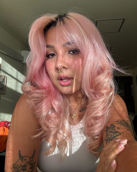 pink hair, hair aesthetic, hair, long hair, pastel pink hair, hair inspo. 🎀 Alternative Colored Hair, Pink Hair Curtain Bangs, Pastel Hair Aesthetic, Aesthetic Hair Long, Pink Hair Tan Skin, Pink Hair Brown Skin, Cool Pink Hair, Pink Hair Brown Eyes, Girls With Pink Hair