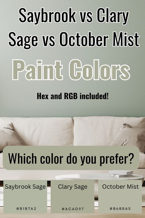 Saybrook Sage vs Clary Sage vs October Mist: Paint Colors Compared In this article, you will learn about Saybrook Sage, Clary Sage, and October Mist paint colors including a side-by-side comparison. If you are considering either of these colors, the following information will help you make the right decision. Behr Clary Sage, Sage Green Paint Colors For Bedroom, Benjamin Moore Saybrook Sage Bedroom, Sage Basement Walls, Sage Kitchen Color Schemes, White Sage Paint Color Kitchen, Clary Sage Benjamin Moore, Clary Sage Paint Color, October Mist Benjamin Moore Exterior