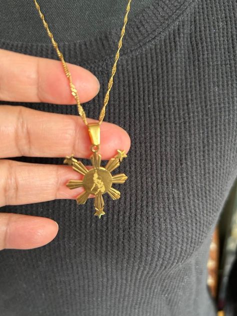 Philippine Sun & Star Map Gold Plated Necklace | Filipino necklace Filipino Gold Jewelry, Filipino Necklace, Philippine Jewelry, Filipino Jewelry, Philippines Jewelry, Philippine Sun, Philippine Map, Birthday Jewelry, Gold Sun