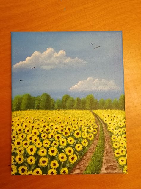 Small Sunflower Painting, Art Reference Photos Poses, Sunflower Painting Acrylic, Sunflower Field Painting, Sunflower Acrylic Painting, Road Painting, Book Photography Instagram, Acrylic Ideas, Abstract Art Painting Techniques