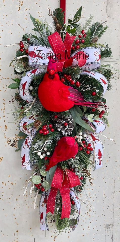 Wreaths & Bows : Inspiration and Ideas by Wreath & Bow Co | Decided to do a cardinal swag but a little more simple than my last ones ❤️ | Facebook Cardinal Christmas Wreaths, Cardinal Wreath Ideas, Christmas Swags Ideas Diy, How To Make A Swag Wreath, Christmas Swags Ideas, Cardinal Wreath, Winter Swag, Easy Diy Wreaths, Christmas Swag