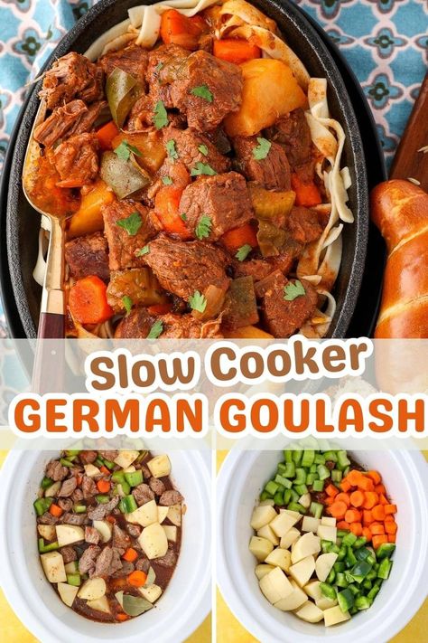 This hearty Slow Cooker German Goulash recipe makes it easy to serve a delicious, authentic goulash soup. This German Goulash is chock full of tender beef and vegetables cooked to perfection in a richly seasoned red wine and sweet paprika broth. Authentic Goulash, Goulash Slow Cooker, German Goulash, Pork Goulash, Goulash Soup, Beef And Vegetables, German Food Authentic, Goulash Recipe, Beef Goulash