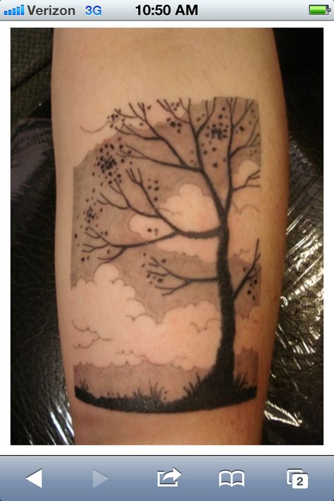 tree tattoo Evermore Tattoo, Scenic Tattoo, Cloud Tattoo Design, Scene Tattoo, Shadow Tattoo, Cloud Tattoo, Sky Tree, Space Black, Black Work