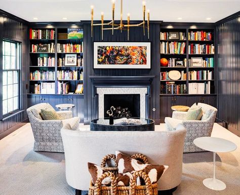 "I often see items being too ‘matchy-matchy’ in a space. I feel the days of matching sofas and chairs and occasional table collections are long gone! The fun part of design is mixing... Small Home Library Design, Small Home Libraries, Cozy Reading Room, Small Home Library, Home Library Design Ideas, Library With Fireplace, Cozy Home Library, Home Library Rooms, Library Living Room