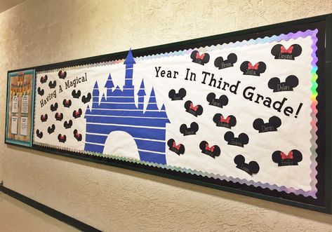 Disney Bulletin Board. First Day of School Disneyland Bulletin Board, Elementary Classroom Themes Disney, Disney School Bulletin Boards, Disney Classroom Bulletin Boards, Disney Theme Bulletin Board Ideas, Disney Back To School Bulletin Boards, Disney Themed Bulletin Boards, Mickey Mouse Bulletin Board Ideas, Mickey Mouse Bulletin Board