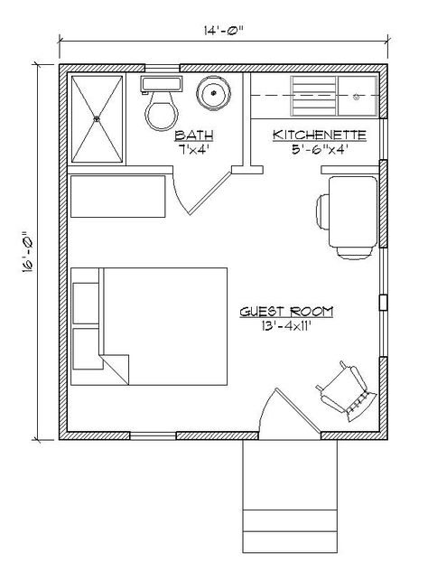 Small house plan for outside guest house.  Make that a Murphy bed with bookcases built in on either side and it would be awesome. Tiny Guest House, Murphy Bed Plans, Cabin Floor, Small Cottages, A Small House, Cabin Floor Plans, Tiny House Floor Plans, Small House Plan, Livingstone