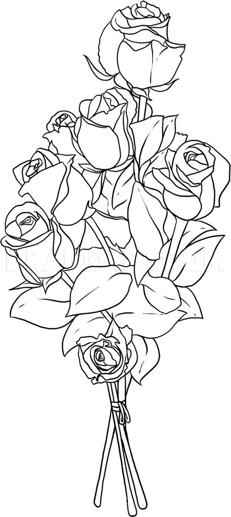 How To Draw Roses, Step by Step, Drawing Guide, by Dawn | dragoart.com Bunch Of Flowers Drawing, Rose Buket, Bouquet Drawing, Flower Bouquet Drawing, Simple Flower Drawing, Rose Coloring Pages, Easy Flower Drawings, Pencil Drawings Of Flowers, How To Sketch