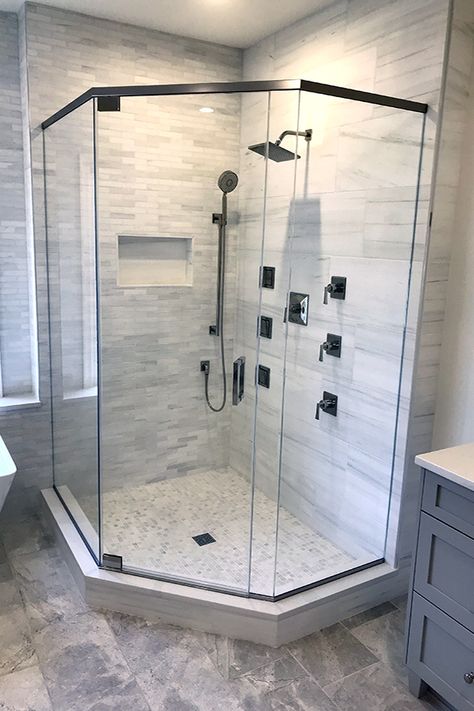 Diagonal Shower Door, Corner Shower Insert, Corner Shower Insert Ideas, Modern Corner Shower Ideas, Neo Shower Ideas, Corner Shower Door Ideas, Master Bath Corner Shower Ideas, Corner Shower Glass Door Ideas, Large Corner Shower Ideas