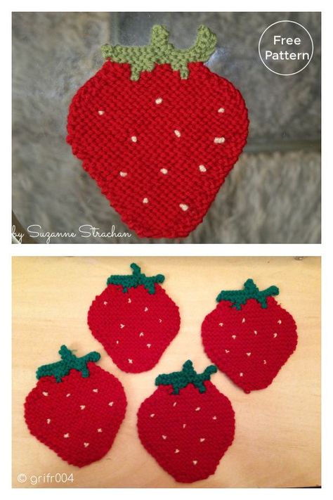 Strawberry Coaster Free Knitting Pattern Knitted Strawberry Pattern, Strawberry Knitting Pattern, Knitted Coasters Pattern Free, Knitting Strawberry, Strawberry Coaster, Knit Strawberry, Knit Coasters, Knit Coaster, Strawberry Dishes