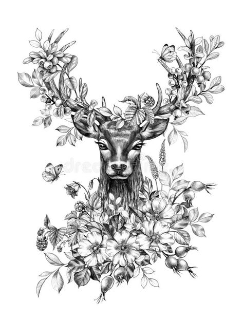 Stag Tattoo Design, Hirsch Tattoo Frau, Butterflies Drawing, Deer With Flowers, Deer Head Tattoo, Antler Tattoo, Deer Tattoo Designs, Forest Berries, Stag Tattoo