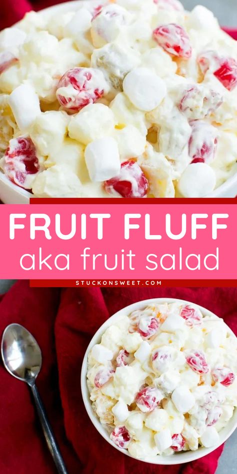 Learn how to make the best fruit fluff and impress everyone with your set of summer salads for bbq! This easy fruit salad recipe is made with canned fruit mixed together with instant pudding, whipped topping, and mini marshmallows. So yum! Summer Salads For Bbq, Salads For Bbq, Fruit Fluff, Marshmallow Salad, Fruit Delight, Jello Fruit Salads, Dessert Salad Recipes, Fruit Salad With Pudding, Fruit Salad With Marshmallows