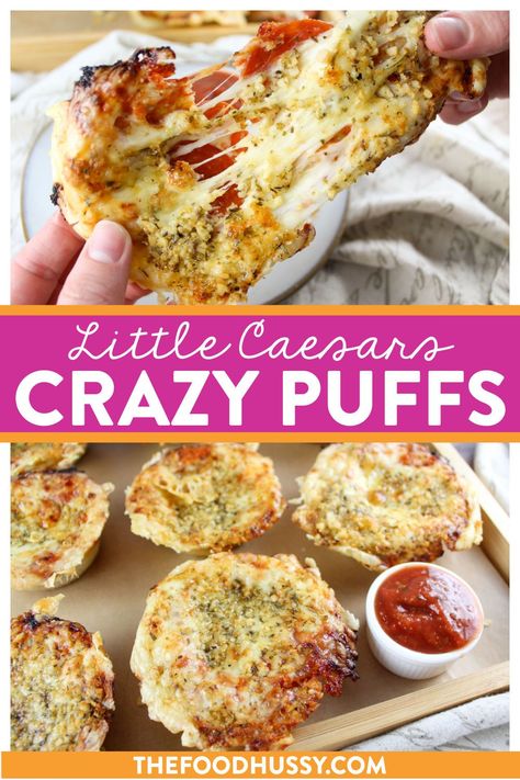 Little Caesars Crazy Puffs are the newest menu item taking social media by storm! Bites of handheld goodness filled with cheesy pepperoni pizza toppings! But guess what - you can make them at hot-n-ready AT HOME for less $$! Cupcake Pizza Bites, Little Caesar’s Pizza Puffs, Crazy Puffs Pizza, Homemade Pizza Puffs, Little Ceasars Puffs, Crazy Puffs Recipe, Little Cesar’s Crazy Puffs, Little Caesars Crazy Puffs, Crazy Puffs Little Caesars