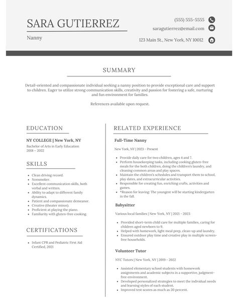 Create a standout nanny resume with pro tips, examples and templates - Care.com Resources Nanny Resume, Nanny Job Description, Nanny Job, Safety Courses, Action Verbs, How To Craft, Playing Piano, Conflict Resolution, Soft Skills