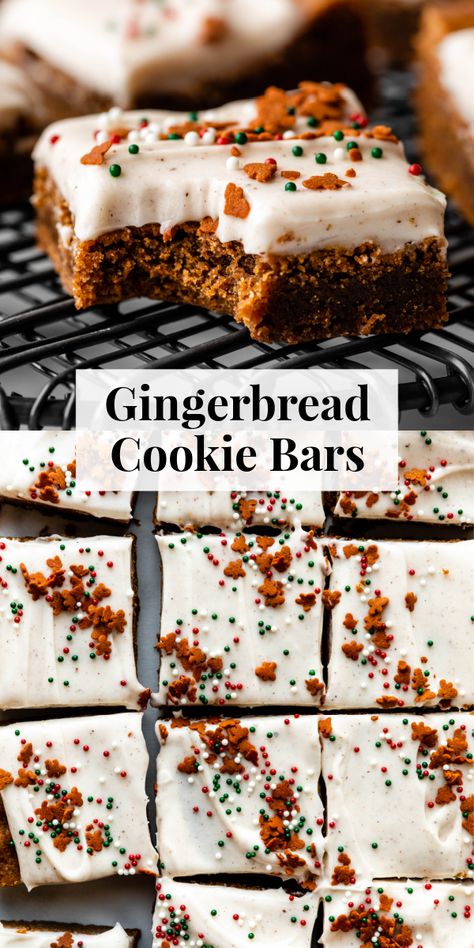 These soft gingerbread cookie bars are so easy to make—no dough chilling or rolling required! Top with spiced cream cheese frosting. #Gingerbreadrecipes #holidaybaking #Christmascookies Gingerbread Cookies For Kids, Christmas Cake Batter Cookies, Dessert For Banquet, Gingerbread Snacking Cake, Gingerbread Baking Ideas, Easy Baking Recipes For Christmas, Baked Bars Desserts, Ginger Molasses Cookie Bars, Diy Slice And Bake Cookies