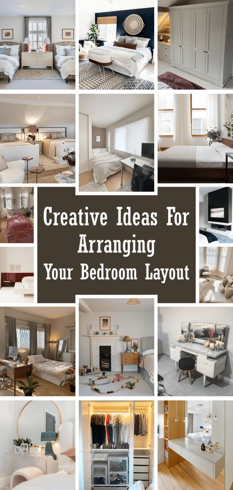 Creative Ideas for Arranging Your Bedroom Layout - gramydeco.com Small Bedroom Arrangement, Rearranging Bedroom, Large Bedroom Furniture, Large Bedroom Layout, Bedroom Layouts For Small Rooms, Bedroom Furniture Placement, Long Narrow Rooms, Room Arrangement Ideas, Narrow Bedroom